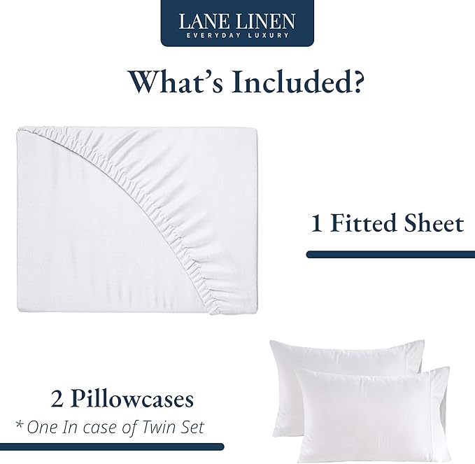 LANE LINEN Twin Fitted Sheets, 100% Organic Cotton 2-Piece Set (1 Fitted Sheet, 1 Pillowcase), Percale Weave, Bottom Sheet, Soft, Breathable, Fits Mattress Upto 15' Deep - White (No Flat Sheet)