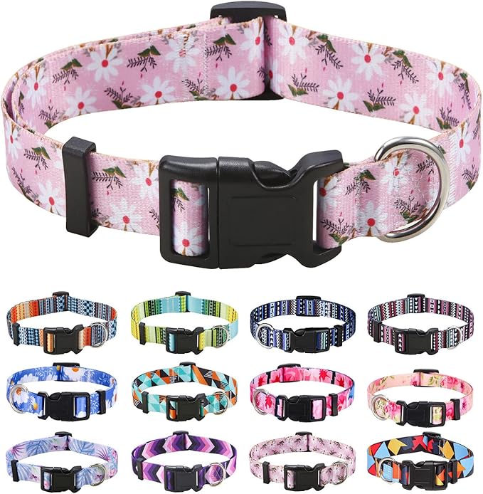 Dog Collar with Bohemia Floral Tribal Geometric Patterns - Soft Ethnic Style Collar Adjustable for Small Medium Large Dogs (Pink White Flower,XS)