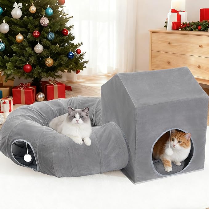 Pawaboo Cat Tunnel Bed Under Christmas Tree with Cat House, Cats Donut Tube with Square House, Christmas Cats Toy Circle Tunnel with Cave, Kitten Bed Hideout Gift Festive Kitty Tube Tunnels, Dark Gray
