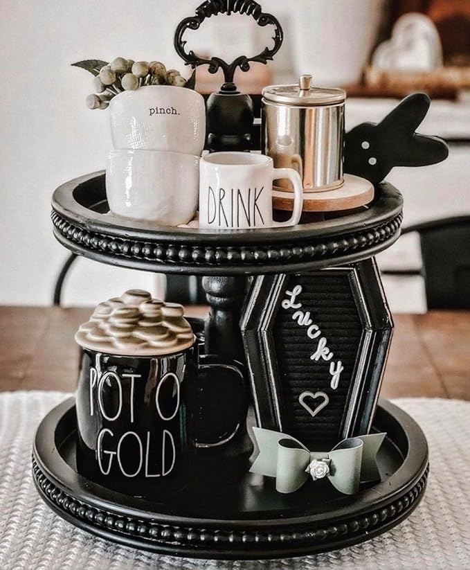 2 Tiered Tray Wooden Serving Stand by Felt Creative Home Goods. Small Beaded Tray for Home Decor Display Farmhouse Country Decoration Kitchen or Dining. Includes 3 Finial Custom Handles (Black)