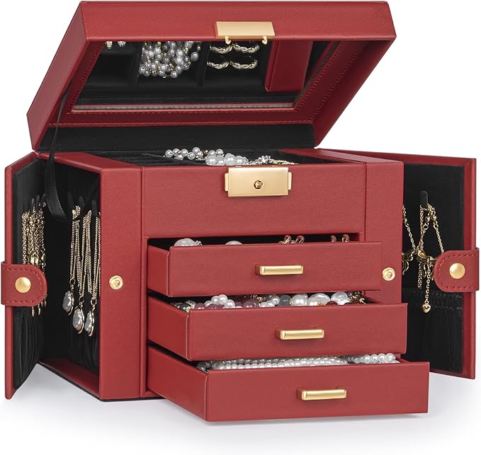TORIBIO Jewelry Box for Women, Leather Jewelry Organizer with Mirror & Lock, 4-Tier Jewelry Storage Organizer with 3 Drawers for Girls/Women/Mothers, Necklace Earring Bracelets Holder Organizer