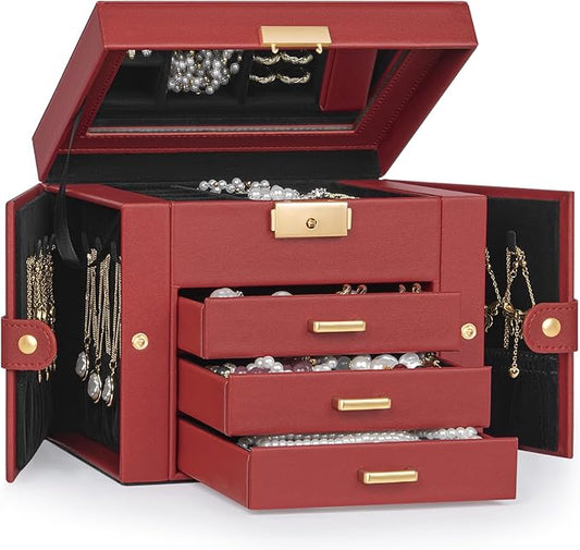 TORIBIO Jewelry Box for Women, Leather Jewelry Organizer with Mirror & Lock, 4-Tier Jewelry Storage Organizer with 3 Drawers for Girls/Women/Mothers, Necklace Earring Bracelets Holder Organizer