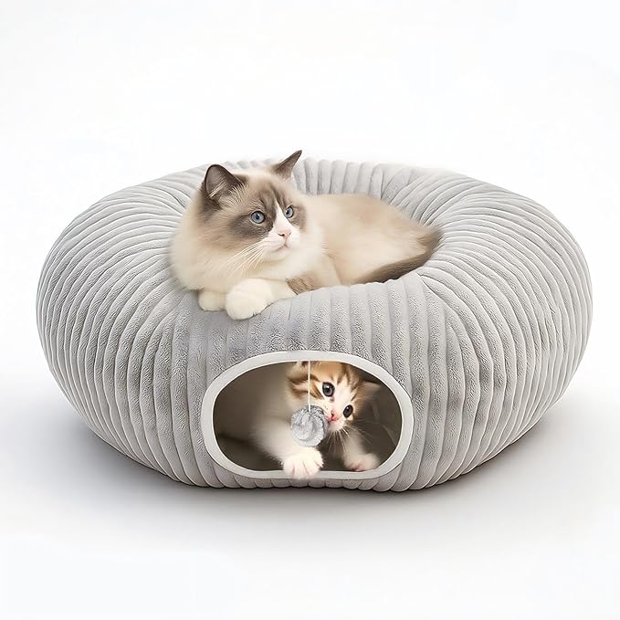Cat Tunnel Bed for Indoor Cats, Peekaboo Cat Cave Bed,Soft Cat Donut Tunnel for Kitten Large Cats, Cat Tunnel Christmas Tree Skirt, Grey