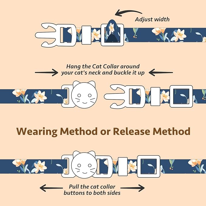 2 Pack Cotton Breakaway Cat Collar White and Blue Flowers Pendant Cute Kitten Cat Collar with Bell