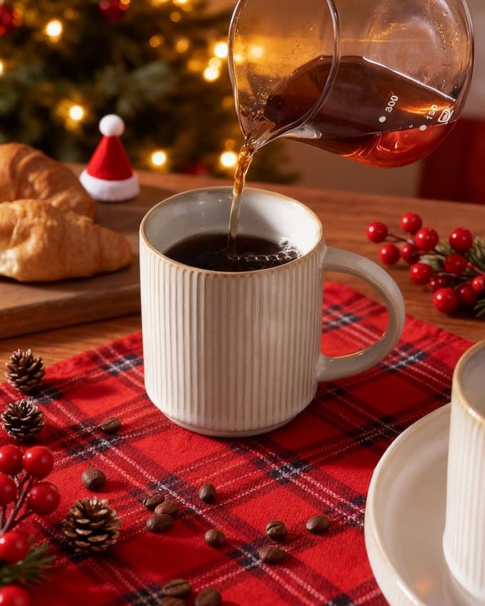 famiware Coffee Mug Set for 4, Star 12 oz Catering Mugs Cup Set with Handle for Coffee, Tea, Cocoa, Milk - Ceramic Stoneware Drinkware Set, Cappuccino White