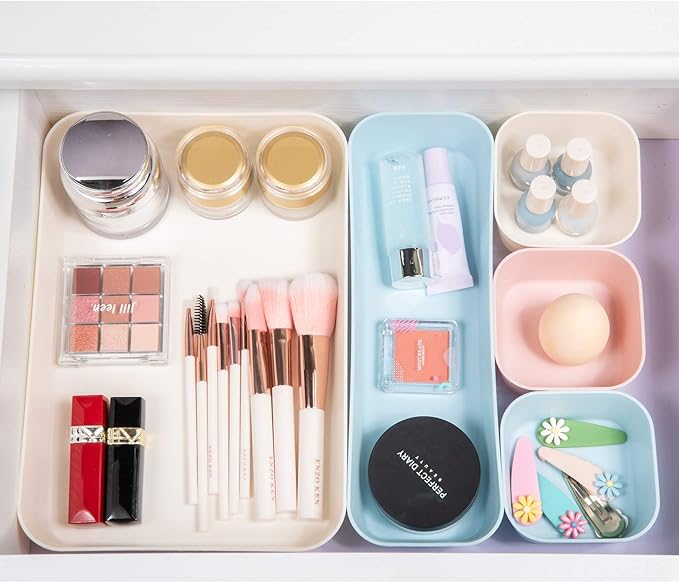 Backerysupply (9 Piece Set) Large Size Plastic Desk Drawer Organizers For Makeup Bathroom Office Kitchen Three Colors