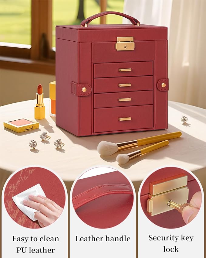 TORIBIO Jewelry Box for Women, Leather Jewelry Organizer with Mirror & Lock, 5-Tier Jewelry Storage Organizer with 4 Drawers for Girls/Women/Mothers, Necklace Earring Bracelets Holder Organizer