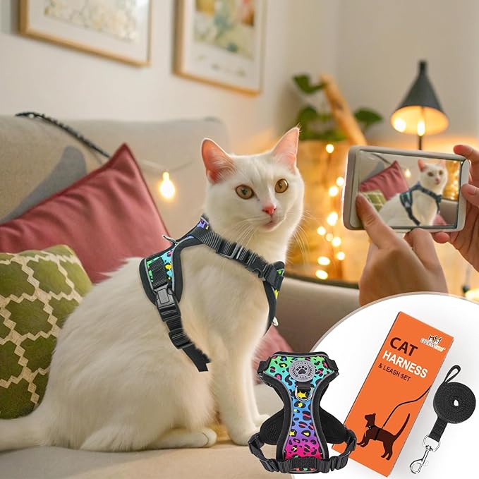 BEAUTYZOO Escape Proof Cat Harness and Leash for Walking, Soft Adjustable Cute Vest for Small to Large Cats, Reflective Breathable Easy-Control Outdoor Jacket, Kitten Harness and Leash Set, Leopard, M