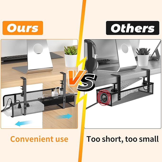 Under Desk Cable Management Tray, Wire Management Cable Organizer Box, Cord Organizer Storage Cable Raceways for Office, Home - No Damage to Desk, No Drill