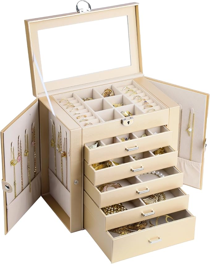 BOOVO Jewelry Box For women, 6 Layer Large Jewelry Organizer With Mirror, Multi-Function Storage Box With Lock, Accessory Holder With 5 Drawers, For Earrings Necklace Ring Bracelet (Pale gold)