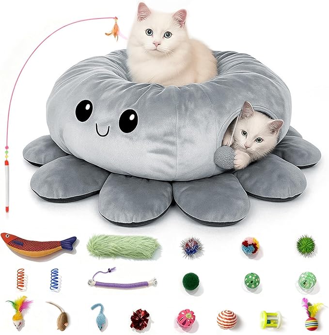 Cat Tunnel Bed for Indoor Cats, Peekaboo Cat Cave Bed, Cat Tunnel Christmas Tree Skirt, Octopus Shaped
