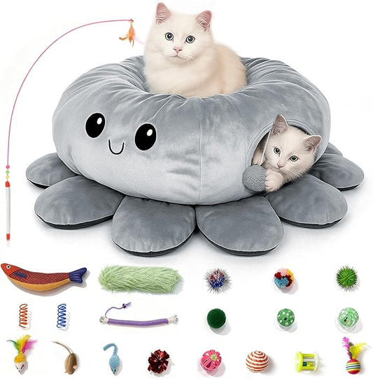 Cat Tunnel Bed for Indoor Cats, Peekaboo Cat Cave Bed, Cat Tunnel Christmas Tree Skirt, Octopus Shaped