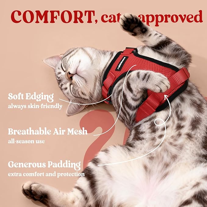 rabbitgoo Cat Harness and Leash for Walking, Escape Proof Soft Adjustable Vest Harnesses for Cats, Easy Control Breathable Reflective Strips Jacket, Red, S