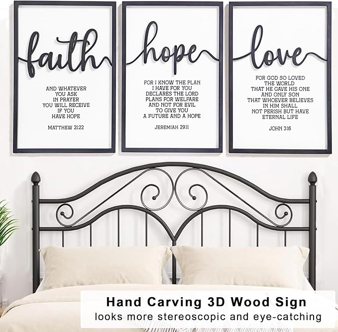3D Wood Faith Hope Love Wall Decor, Christian Wall Art Bible Verses Wall Decor Scripture Wall Art for Bedroom Bathroom Kitchen Living Room Office(16x24inches, Set of 3, Framed)