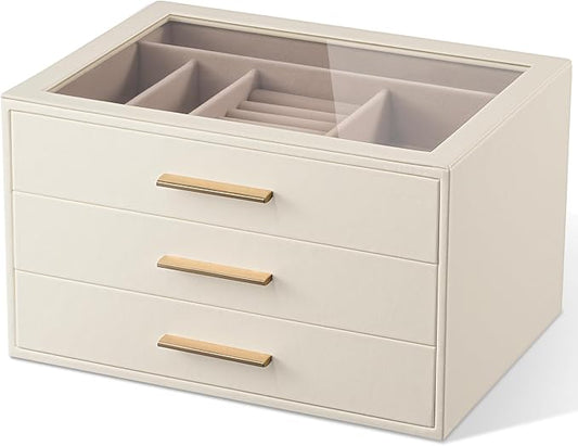 pickpiff Jewelry Box Organizer Case for Women: 3-Layer Jewelry Storage Case with Glass Window, Ivory Leather with Pink Velvet, Holder for Ring Necklace Bracelet Brooch Watch, Great Gift for Her