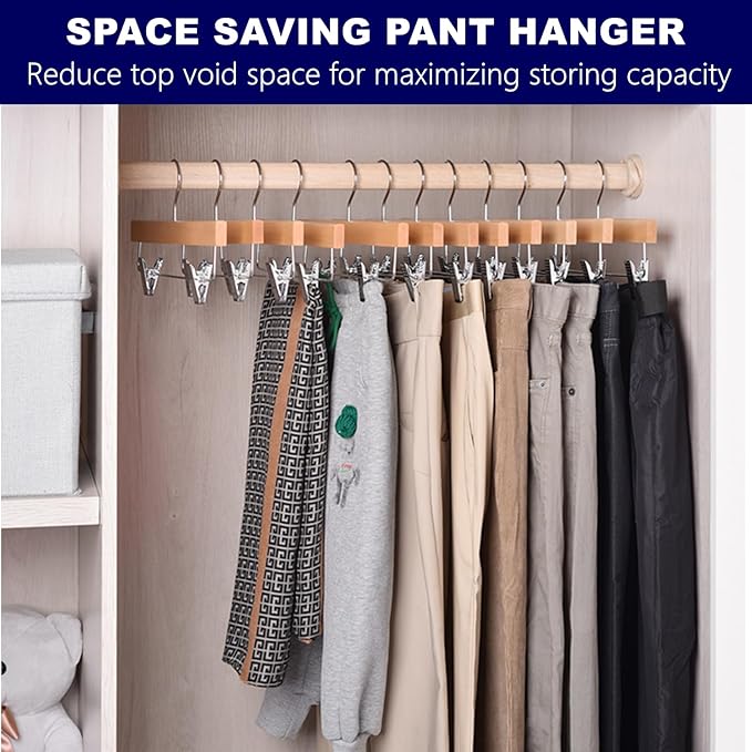 Amber Home 24 Pack Natural Wooden Pants Hangers with Clips, Wood Skirt Hangers Trouser Hangers for Jeans, Slacks, Shorts with 2-Adjustable Clips