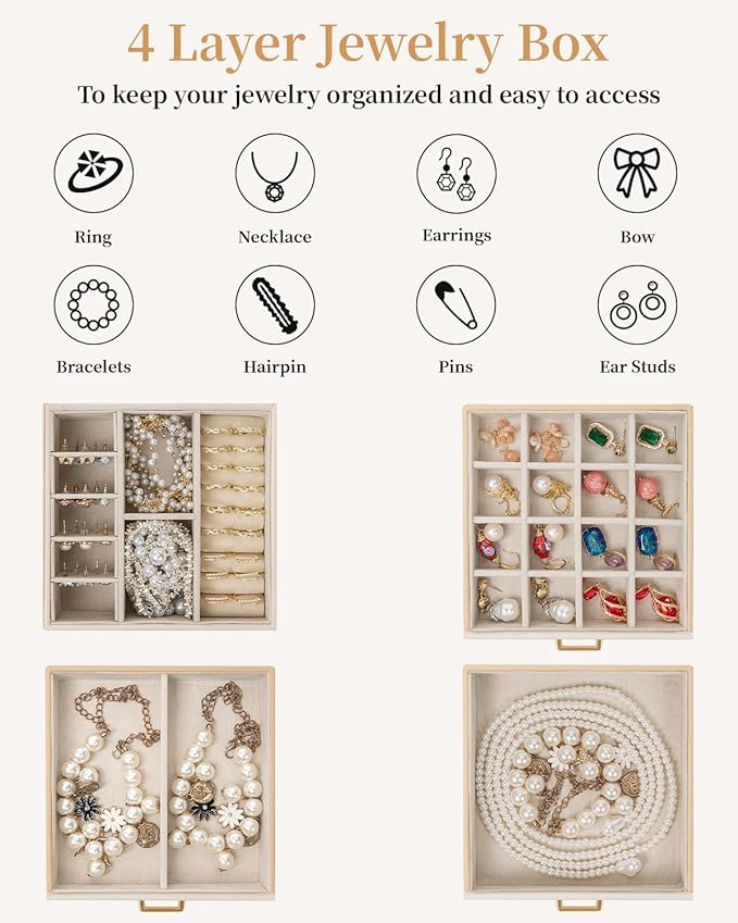 TORIBIO Jewelry Box for Women, Leather Jewelry Organizer with Mirror & Lock, 4-Tier Jewelry Storage Organizer with 3 Drawers for Girls/Women/Mothers, Necklace Earring Bracelets Holder Organizer