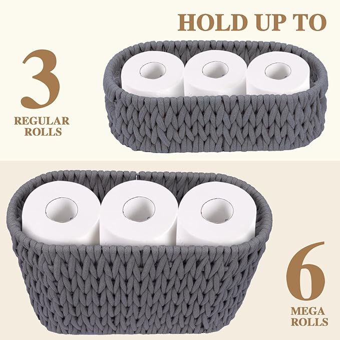 Boho Toilet Paper Storage Baskets, Cotton Rope Woven Bathroom Basket Set of 2, Standing Toilet Paper Holder for 6 Mega Rolls,Storage Bins for Toilet Tank Top, Bathroom Organizer Decor (Gray 2 Pack)