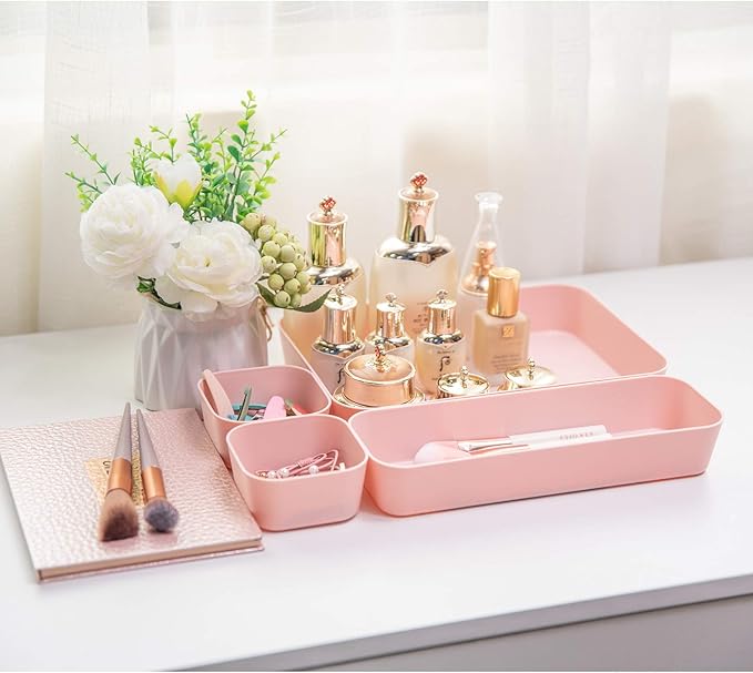 Backerysupply Set Of 12 Pink Color Plastic Desk Drawer Organizers For Makeup Bathroom Office Kitchen Vanity Drawer Storage Box Container