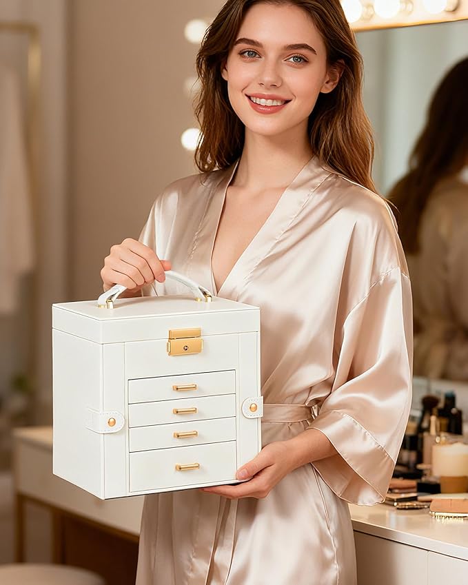 TORIBIO Jewelry Box for Women, Leather Jewelry Organizer with Mirror & Lock, 5-Tier Jewelry Storage Organizer with 4 Drawers for Girls/Women/Mothers, Necklace Earring Bracelets Holder Organizer