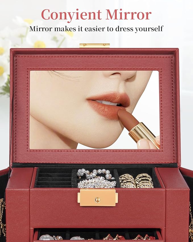 TORIBIO Jewelry Box for Women, Leather Jewelry Organizer with Mirror & Lock, 3-Tier Jewelry Storage Organizer with 2 Drawers for Girls/Women/Mothers, Necklace Earring Bracelets Holder Organizer