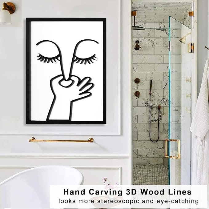 KIOSSUT 3D Wood Framed Black and White Bathroom Wall Art, Cute Toilet Pictures for Bathroom Signs Decor (Ready to Hang, 12 x 16 inches, Art Print)
