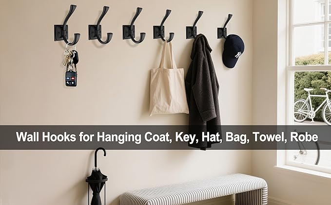 2 Pack Antique Black Coat Robe Hooks for Wall Hanging Hat, Key, Bag, Robe, Towel, Mudroom Hook Entrance Bathroom Door Decorative Heavy Duty Hats Hanger