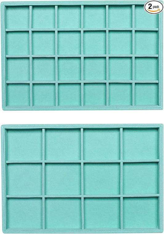 Frebeauty Stackable Velvet Jewelry Organizer Trays for Drawers Inserts Jewelry Storage Tray Display Case, Stud Earrings Bracelets Necklace Rings Accessories Trays for Women(Set of 2)(Turquoise)