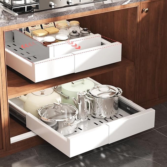1 Pack Pull Out Cabinet Organizer Expandable Width(11"-16") and Depth(13"-17"),Slide Out Drawers With Raising Pad for Framed Cabinets,No Drill Roll Out Shelves for kitchen,Bathroom,White