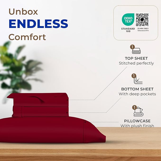 THREAD SPREAD Luxury Egyptian Cotton Twin Stripe Sheet Set - 600 Thread Count Extra Long Staple 3 PC Set, Twin Damask Sheets, Soft, Cooling Sateen Weave Striped Sheets Upto 18" Deep Pocket - Burgundy