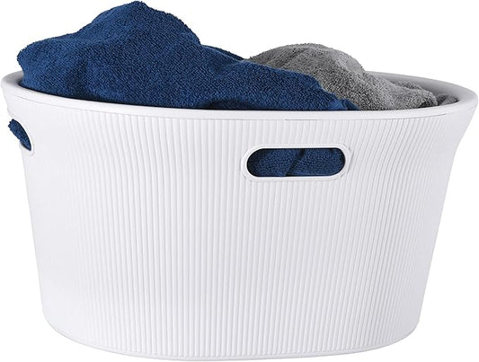 Superio Ribbed Collection - Decorative Plastic Laundry Basket with Cut-Out Handles, White Smoke (1 Pack) Hamper Organzier for Bedroom Bathroom College Dorm Room 35 Liter