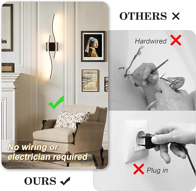 Battery Operated Wall Sconces Set of Two with Remote Control, Dimmable/3 Color/Night-Light/Timer/Memory, Black Modern Wireless LED Sconce for Living Room, Hallway, Bedroom, 31.4 Inch (2 Pack)