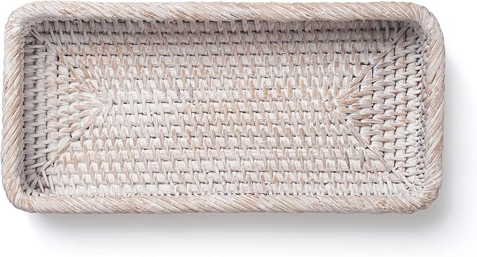 Rattan Bathroom Vanity Tray, Toilet Tank Tray, Toilet Basket Tank Topper, Bathroom Basket for Organizing and Decor (Whitewash, 10.2" x 4.9" x 1.6")