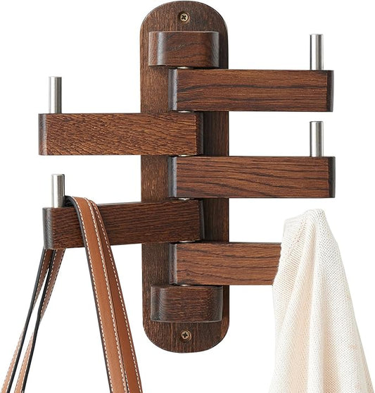 Swivel Coat Rack Oak Hooks, Wood Wall Coat Rack With 5 Foldable Arms, 12'' Length Hat Hooks for Bathroom Entryway Bedroom Office Kitchen, Heavy Duty (Walnut)