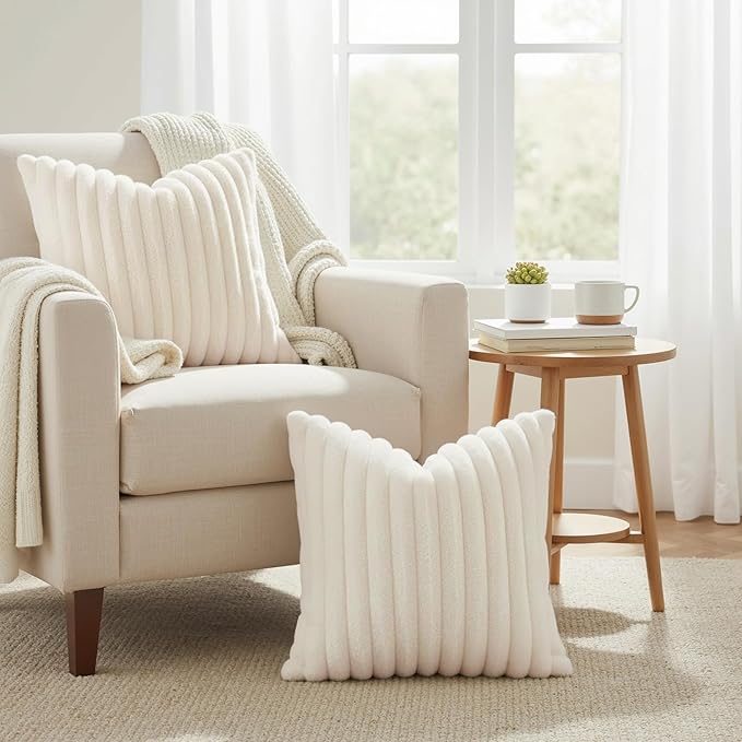 decorUhome Faux Fur Spring Throw Pillow Covers 20x20 Set of 2, Decorative Soft Plush Striped Neutral Couch Pillow Covers with Velvet Back for Sofa, Bed, Living Room Home, Cream White