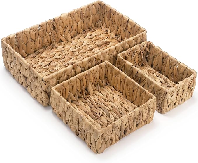 3 Pack Wicker Storage Basket, Natural Woven Water Hyacinth Storage Basket for Shelf Organizing