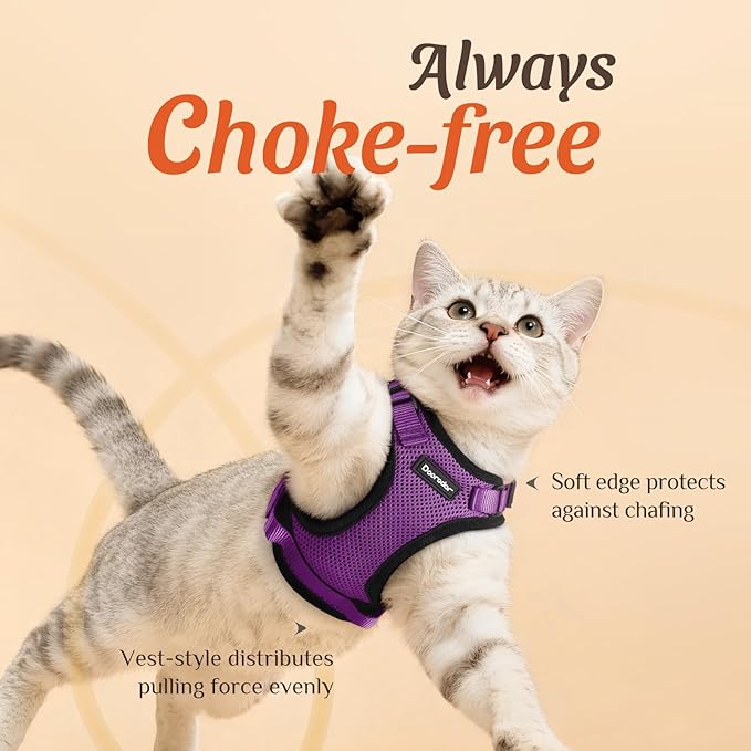 Dooradar Cat Harness and Leash Set, Escape Proof Safe Adjustable Kitten Vest Harnesses for Walking, Easy Control Soft Breathable Mesh Jacket with Reflective Strips for Cats, Purple, S