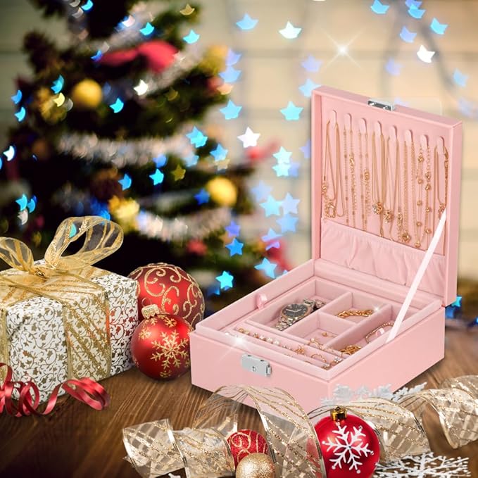 2 Layer Jewelry Box, Jewelry Organizer For Woman, Men & Girls Large Case 8.5x7.5x3.3in | PU Leather Jewelry Gift Storage Boxes For Ring, Necklace & Bracelet With Lock (Pink)