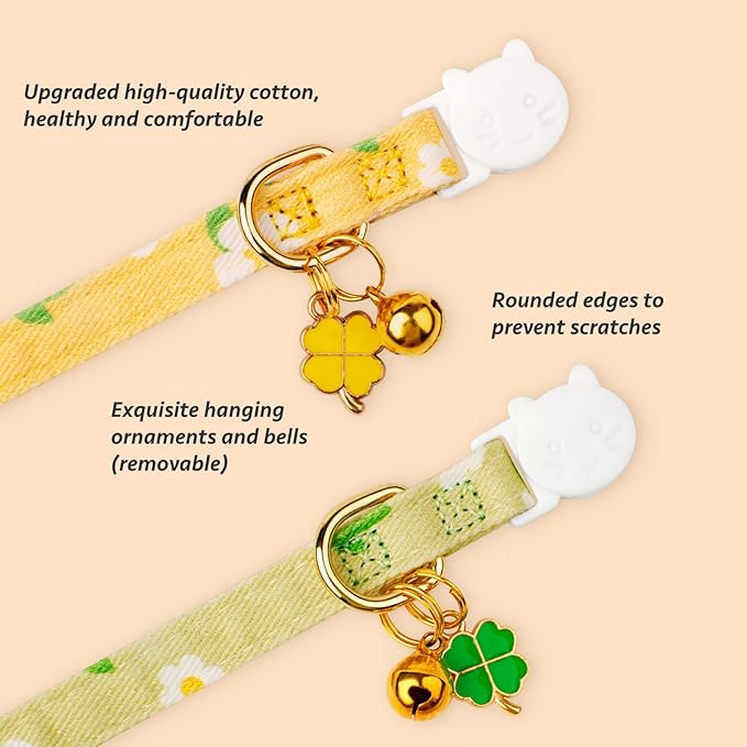 2 Pack Cotton Breakaway Cat Collar Green and Yellow Flowers Pendant Cute Kitten Cat Collar with Bell