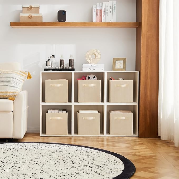 MAX Houser Fabric Cloth Storage Bins,Foldable Storage Cubes Organizer Baskets with Dual Handles for Home Bedroom Storage,Set of 6(Beige)