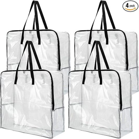 Fasmov 4 Pack Oversized Clear Storage Bag with Handles and Zippers, Vinyl Storage Bag for Comforter, Blanket, Bedding, Duvet, Transparent Moving Tote, Under the Bed Storage, Garage Organizer