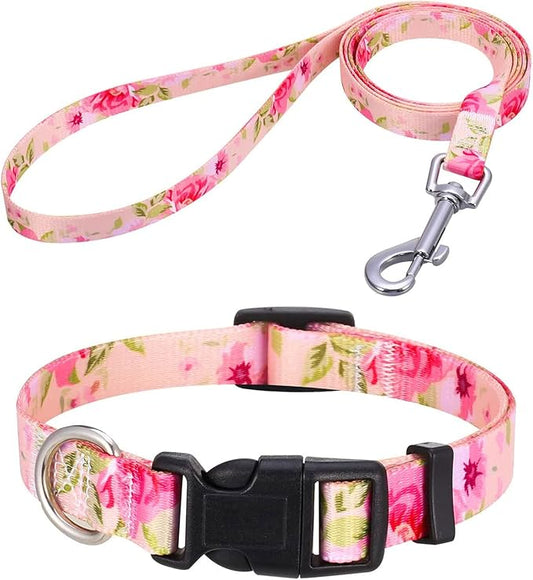 Dog Collar and Leash Set with Bohemia Floral Tribal Geometric Patterns - Soft Ethnic Style Collar Adjustable for Small Medium Large Dogs(Pink Rose Set,L)
