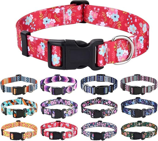 Dog Collar with Bohemia Floral Tribal Geometric Patterns - Soft Ethnic Style Collar Adjustable for Small Medium Large Dogs(Red Flower,M)