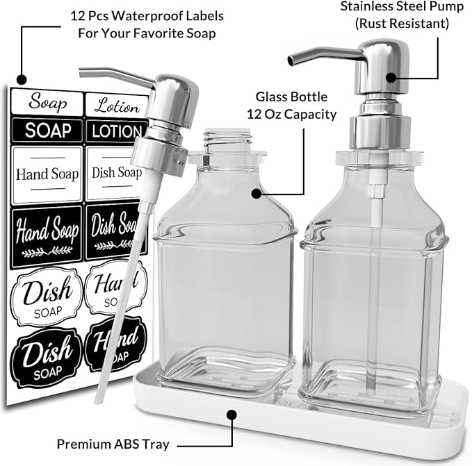 Soap Dispenser - 2 Pack, Antique Design Thick Glass Hand Soap Dispensers with Sturdy Tray; 304 Rust Proof Stainless Steel Silver Pump, 12Pcs Stickers, for Kitchen, Bathroom