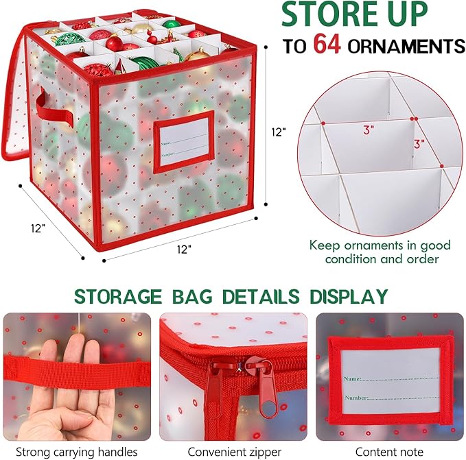 BINSUNS Christmas Ornament Storage Box, Christmas Storage Containers Organizer Bag with Dividers - Fits up to 64 Holiday Xmas Ornaments Decorations 3" Seasons Balls(Red)
