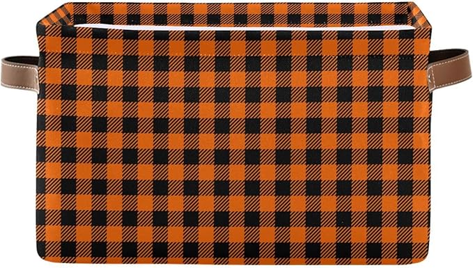 Halloween Thanksgiving Black Orange Plaid Large Storage Basket Cube Storage Bin Canvas Fabric Organizer Handles Collapsible Decorative for Clothes Toys Bedroom