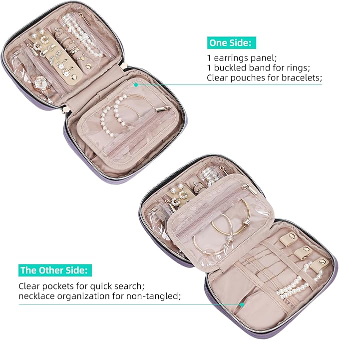 NISHEL Travel Jewelry Case, Holiday Organizer for Necklaces, Earrings, Rings, Bracelets, Watch,Small,Purple