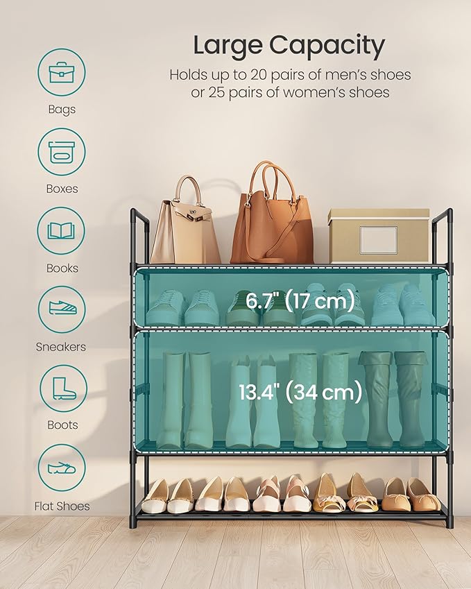 SONGMICS Shoe Rack, 5-Tier Shoe Organizer, Metal Storage Shelf, Upright or Upside Down, for 20-25 Pairs, Stackable, for Entryway, 11.8 x 36.2 x 35.4 Inches, Black ULSA305BH01