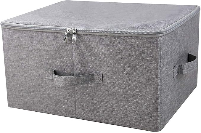 Folding Storage Box with Zip Lid and Handles, Rigid Storage Baskets With Linen Fabric& Plastic Board, Closet Shelf Drawers,Dark Gray, 2 pcs