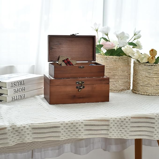 Wooden Storage Boxes Set of 2 with White Inlay Lid – Decorative Keepsake Boxes with Metal Latch, Rustic Wooden Organizer for Jewelry, Photos, Crafts, and Home Decor